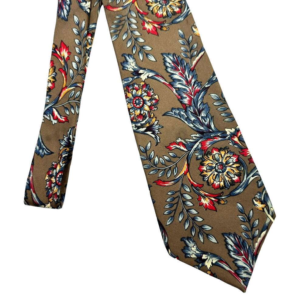 Oscar de la Renta Couture Taupe Brown Red Blue Floral Print Men's Neck Tie